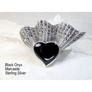Vtg 925 Sterling BLACK ONYX MARCASITE Heart Brooch Pendant Art Deco